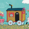 A cheerful clown rides an elephant pulling The Rolling Garden by Schiffer Publishing, Ltd.—a circus wagon and flower cart—in a whimsical landscape with balloons, a bird with a ticket, all inspired by First Steps in Art.