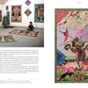 In an art gallery, tapestry quilts from Schiffer Publishing, Ltd.'s "Enchanted Worlds" adorn the space as two people sit among them. On the right, a quilt inspired by Amy Zerner shows cranes flying over a vibrant abstract landscape.