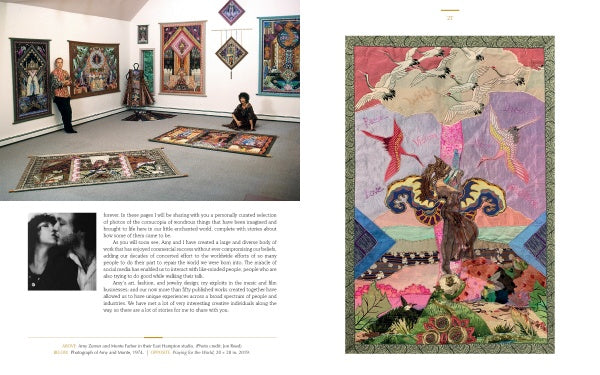 In an art gallery, tapestry quilts from Schiffer Publishing, Ltd.'s "Enchanted Worlds" adorn the space as two people sit among them. On the right, a quilt inspired by Amy Zerner shows cranes flying over a vibrant abstract landscape.