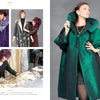A collage shows a designer fitting jackets, sewing, and a woman posing in a shiny green coat with a dramatic collar—evoking mystical fashion inspired by "Enchanted Worlds" from Schiffer Publishing, Ltd., against a gray background.
