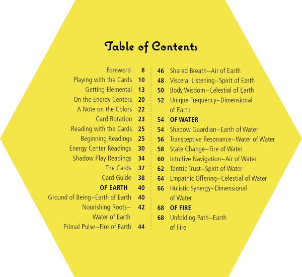 A vibrant table of contents for a spiritual guide, inspired by Wild Harmonic Oracle Cards from Schiffer Publishing, Ltd., features color-highlighted chapters—OF EARTH, OF WATER, and OF FIRE—to evoke elemental energy alchemy.