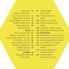 A yellow hexagon displays a numbered list (70–122) of mystical terms grouped by elements—Water, Fire, Air, Earth—with sections like OF AIR, OF FIRE, OF SPIRIT, and OF CELESTIAL, inspired by the Wild Harmonic Oracle Cards from Schiffer Publishing.