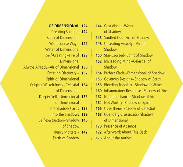 A yellow hexagon lists book chapter titles with page numbers, inspired by the Wild Harmonic Oracle Cards from Schiffer Publishing, Ltd., in two columns on themes of dimensionality and shadow (pages 124-176).