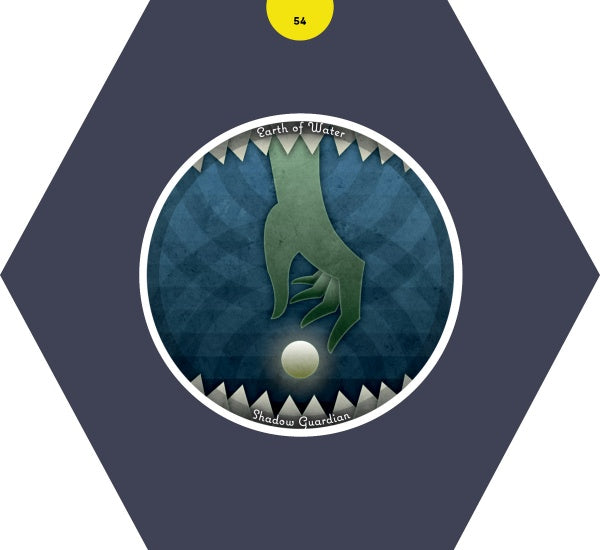 A green, clawed hand reaches for a glowing orb framed by jagged edges. "Earth of Water" and "Shadow Guardian" appear on a dark blue, hexagonal-bordered background inspired by the mystical Wild Harmonic Oracle Cards from Schiffer Publishing, Ltd.