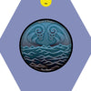 A round illustration from the Wild Harmonic Oracle Cards by Schiffer Publishing, Ltd. titled Water of Shadow and Cast About shows stylized blue waves and swirling shadows on blue-gray, centered on a purple hexagon with a yellow circle marked 144.