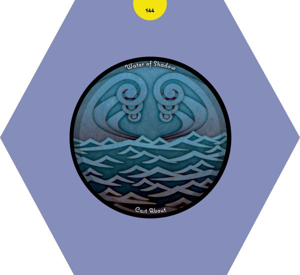 A round illustration from the Wild Harmonic Oracle Cards by Schiffer Publishing, Ltd. titled Water of Shadow and Cast About shows stylized blue waves and swirling shadows on blue-gray, centered on a purple hexagon with a yellow circle marked 144.