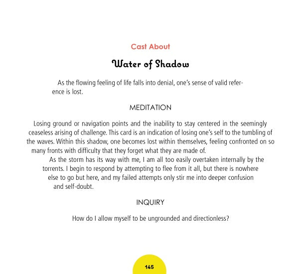 On page 145 of Schiffer Publishing’s Wild Harmonic Oracle Cards, Water of Shadow features Meditation and Inquiry sections, exploring being lost, energy alchemy, and self-reflection on becoming directionless.