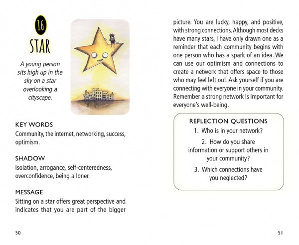 The Shadowland Lenormand by Schiffer Publishing, Ltd. features an illustrated tarot card with a smiling star above a cityscape, symbolizing connection, community, and reflection in cartomancy and shadow work.