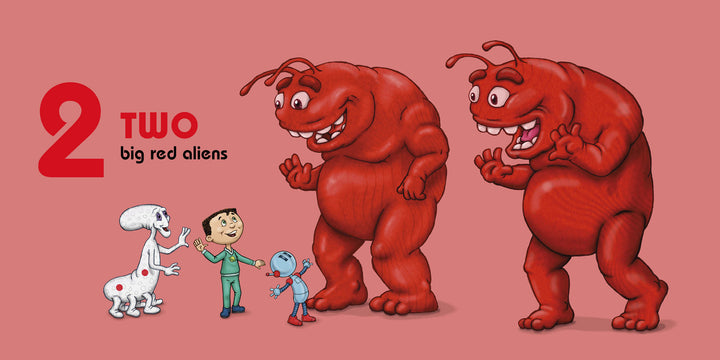 Two large red aliens stand on a pink background with a white alien, a blue alien, and a smiling child in green. The cover of Space Aliens 1-2-3 from Schiffer Publishing, Ltd. shows the fun of learning to count with friendly aliens.