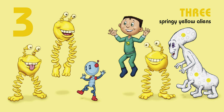 On a yellow background, three springy yellow aliens, a small blue robot, a jumping child, and a tall white alien with spots are featured. “THREE springy yellow aliens.” Space Aliens 1-2-3 by Schiffer Publishing, Ltd.—perfect for counting adventures!.