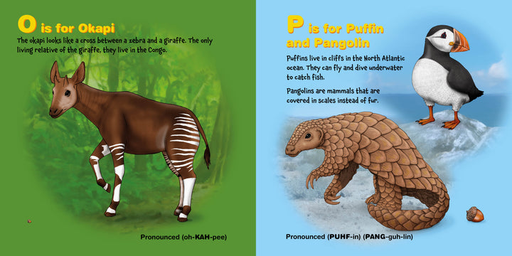From "P Is for Puffin" by Schiffer Publishing, Ltd.: On the left, an okapi stands on green grass; on the right, a puffin and a pangolin appear on blue with text and pronunciation guides.