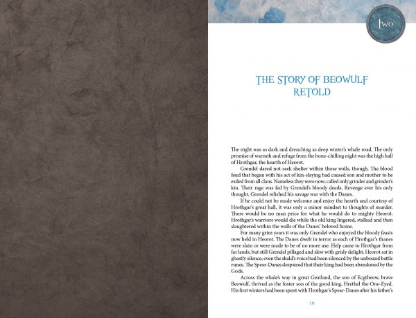 An open book from "The Beowulf Oracle" by Schiffer Publishing, Ltd. displays a textured brown left page and a right page titled “The Story of Beowulf Retold,” chapter “Two,” capturing Viking Age spirit in black text on white.