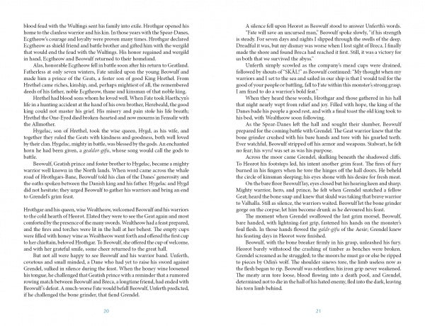 Pages 20 and 21 of *The Beowulf Oracle* by Schiffer Publishing, Ltd. present dense, continuous narrative text in a serif font, exploring Viking Age spirituality in the style of a self-discovery oracle, with no illustrations.