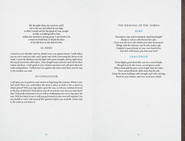 A two-page spread from The Beowulf Oracle by Schiffer Publishing, Ltd.: poetic text titled "As Hero" and "As Challenger" on the left, and on the right, "The Weaving of the Norns," inspired by Viking Age spirituality, guides self-discovery.