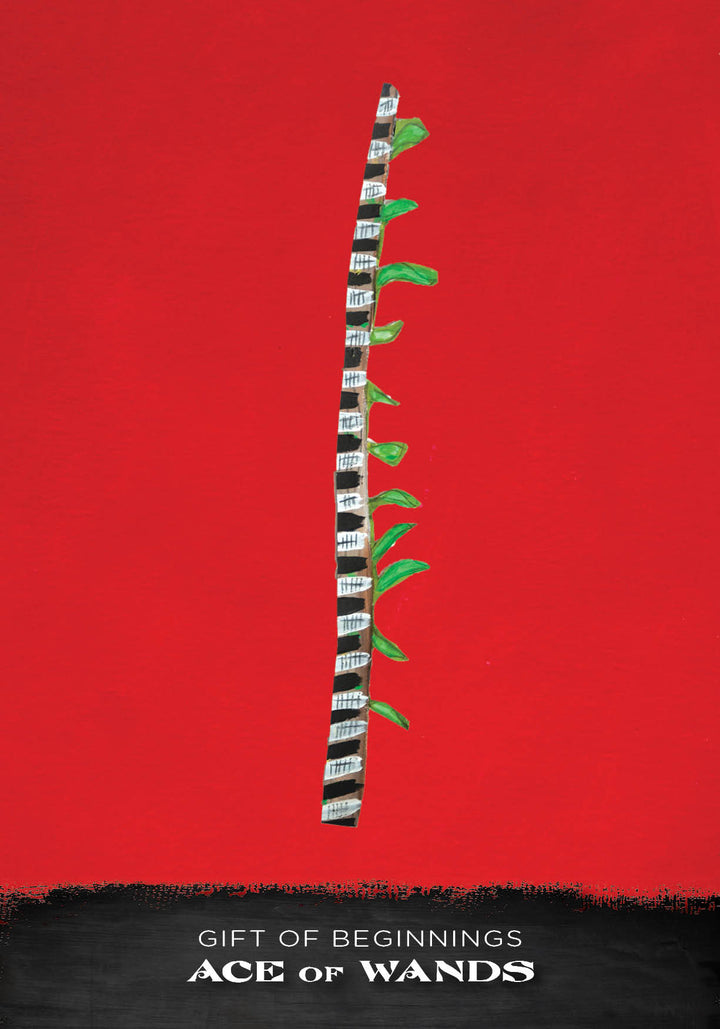 A black-and-white striped wand with green leaves appears on a red background. Below, text reads: Gift of Beginnings – Ace of Wands from the Outsider Art Tarot by Schiffer Publishing, Ltd.