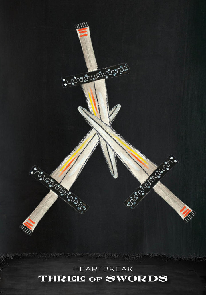 A drawing of several swords from the Outsider Art Tarot by Schiffer Publishing, Ltd., featuring raw lines and an unconventional style.