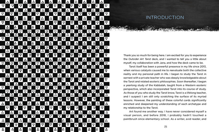 The introduction page of Outsider Art Tarot by Schiffer Publishing, Ltd. shows a black-and-white grid with alternating A and upside-down A letters on the left, and "INTRODUCTION" with a block of text on the right, evoking outsider art tarot style.