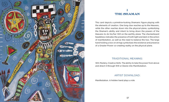 A vibrant painting from the Outsider Art Tarot by Schiffer Publishing, Ltd. shows a primitive shamanic figure with raised arms, wide eyes, headdress, and patterned attire amid celestial shapes on The Shaman card of this unique tarot deck.