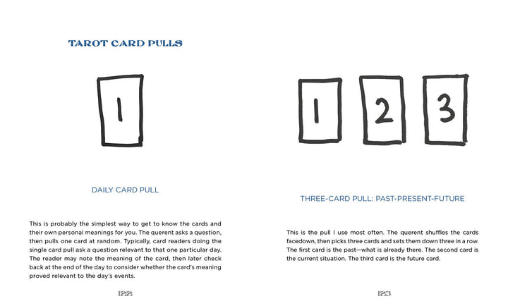 A book spread titled Tarot Card Pulls showcases hand-drawn cards from the Outsider Art Tarot by Schiffer Publishing, Ltd. The left page shows a "Daily Card Pull," while the right displays three art brut cards for "Past-Present-Future.