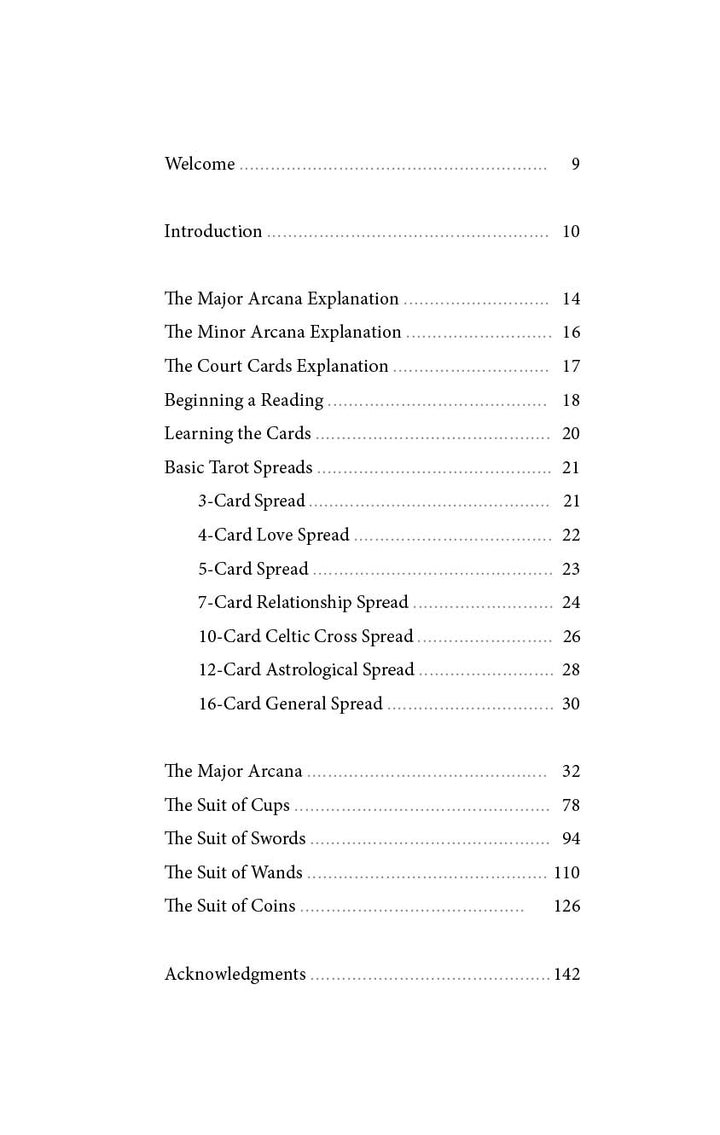 Table of contents for Tarot of the Enchanted Soul by Schiffer Publishing, Ltd., featuring Major Arcana, Court Cards, spreads, and suits—Cups, Swords, Wands, Coins—explore your deck’s divinatory power with easy page references.