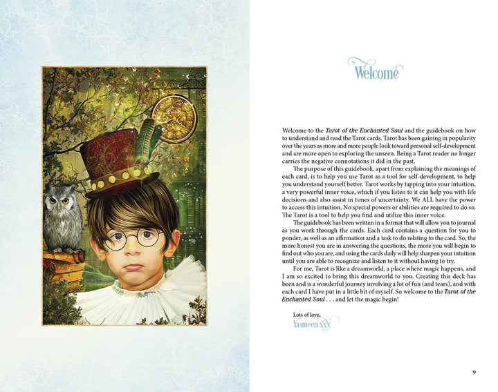 A book page titled "Welcome" shows a whimsical illustration of a serious child in round glasses and an ornate top hat, with a bird and flowers, introducing Tarot of the Enchanted Soul by Schiffer Publishing, Ltd., ideal for divination and inner-child work.