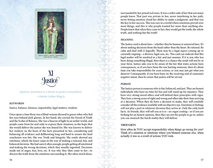 In Schiffer Publishing, Ltd.'s Tarot of the Enchanted Soul, the “XI Justice” card is shown with interpretive text, keywords, and a MLK Jr. quote, while the facing page delves into the deck’s guidance and divinatory meaning.