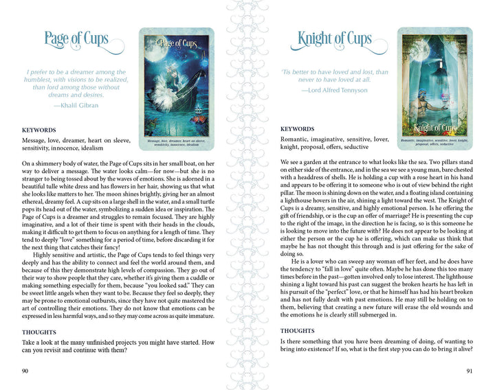 Two pages from Schiffer Publishing, Ltd.'s Tarot of the Enchanted Soul guidebook feature the Page of Cups and Knight of Cups cards with images, meanings, keywords, quotes, and insights for using your Tarot deck as a tool for inner-child work.