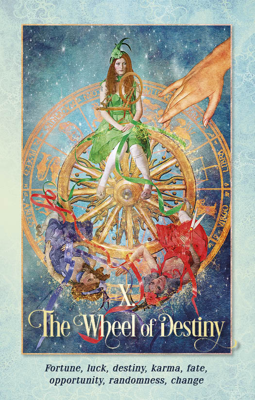 The Tarot of the Enchanted Soul by Schiffer Publishing, Ltd. features The Wheel of Destiny card: a woman in green atop a golden zodiac wheel, with tumbling figures and an ethereal hand—an appealing tarot or divination addition.