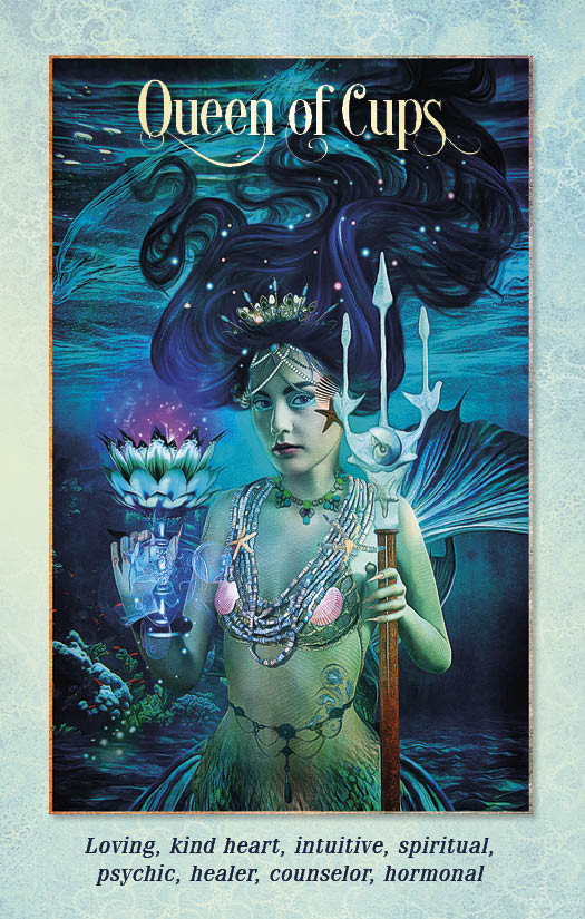 A mystical mermaid with flowing dark hair holds a glowing cup with lotus and trident, symbolizing love, intuition, and healing in the Tarot of the Enchanted Soul deck by Schiffer Publishing, Ltd.