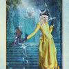 The Five of Swords from the Tarot of the Enchanted Soul by Schiffer Publishing, Ltd. features a woman in a yellow dress holding swords, glancing at two distressed figures in a dark, misty setting. Keywords: conflict, struggle, defeat.