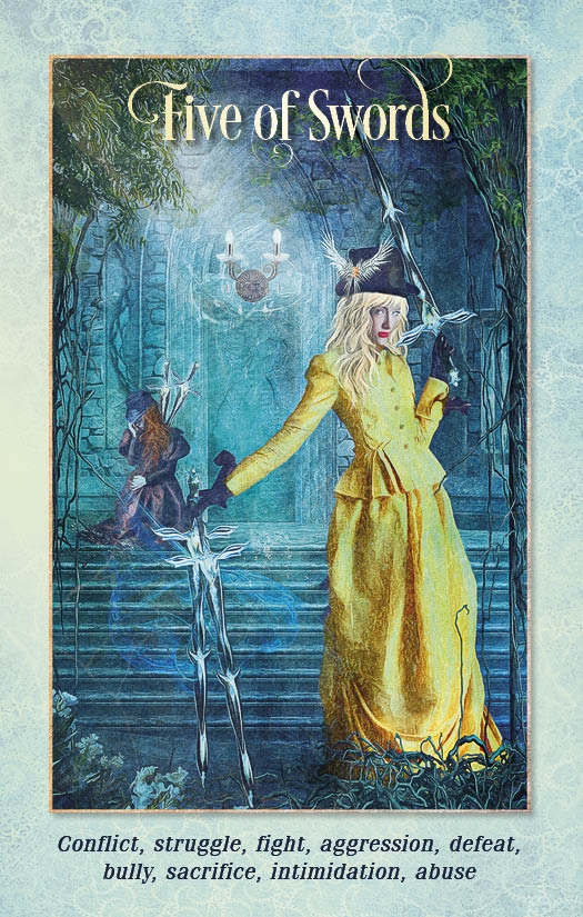 The Five of Swords from the Tarot of the Enchanted Soul by Schiffer Publishing, Ltd. features a woman in a yellow dress holding swords, glancing at two distressed figures in a dark, misty setting. Keywords: conflict, struggle, defeat.