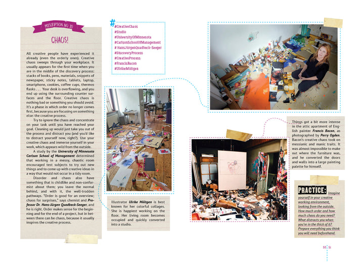 A collage of desks cluttered with art supplies, paper, and books depicts an artist at work. "Creative Flow" by Schiffer Publishing, Ltd. explores creative chaos, overcoming blocks, and tips to manage mess for increased creativity.
