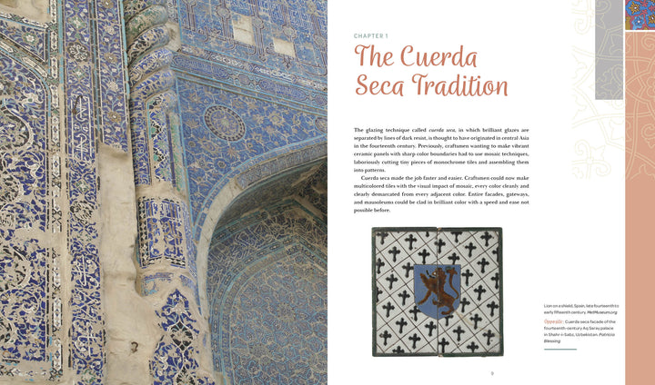 On the left, a building displays Schiffer Publishing, Ltd.’s Cuerda Seca blue and white tiles. On the right, text explains the cuerda seca technique beside a small square tile with a blue lion.