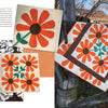 Three bold orange daisy quilts from “The Art of Make-Do Quilting” by Schiffer Publishing, Ltd. are shown: one on a wooden fence, two in close-up. Quilting materials and fabric swatches also appear on a book page.