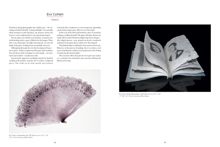 A two-page spread shows a white lace fan on the left and an open book displaying black-and-white portraits on delicate pages at right, with descriptive text about Pâte de Verre from Schiffer Publishing, Ltd.