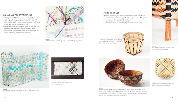 Weaving with Strips by Schiffer Publishing, Ltd. features a two-page spread on techniques such as hanging art with found objects, strip weaving, basket reinforcement, and mixed media, plus photos of woven works, maps, lace, baskets, and labeled descriptions.