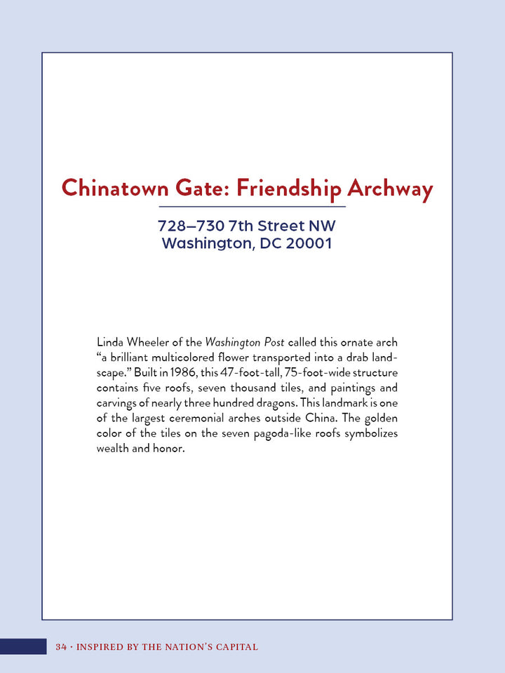 A white page with a red title reading Inspired by the Nation’s Capital and an address below. A paragraph describes the landmark’s features, history, and cultural symbolism, plus its influence on Washington DC art quilts. From Schiffer Publishing, Ltd.
