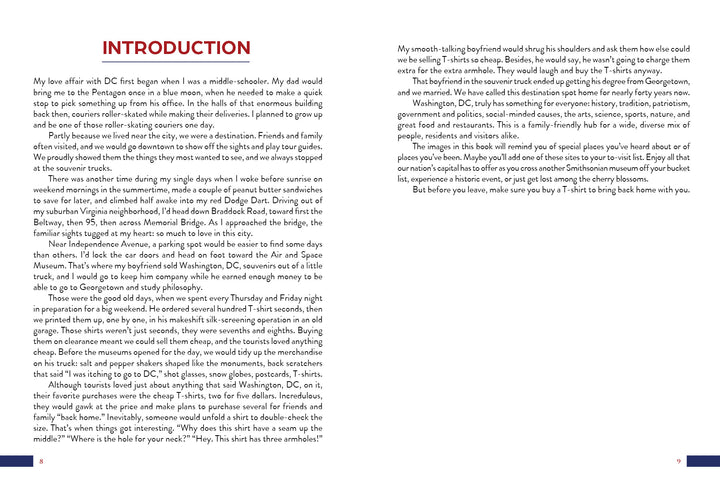 An open book spread from "Inspired by the Nation's Capital" by Schiffer Publishing, Ltd. shows a red Introduction heading and two columns of text on each page about the author’s childhood with family, places, and Washington DC art quilts.