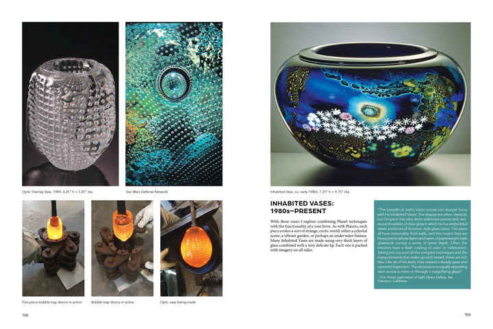 A collage features a textured clear vase, blue-green speckled glass art, an iridescent floral bowl, and photos of artist Josh Simpson shaping molten glass. Text highlights "INHABITED VASES: 1980s–PRESENT." Published by Schiffer Publishing, Ltd.