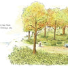 A watercolor illustration of a park with green and yellow trees, a blue car on a path, and people walking. Text reads: All the Things Dad Will Always Say—a heartwarming children's picture book from Schiffer Publishing, Ltd.