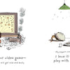 Two illustrations from "All the Things Mom Will Never Say" by Schiffer Publishing, Ltd.: Left, a child and animal gaming in a messy room. Right, a child launches peas with chopsticks as an adult smiles. Features silly mom sayings for fun story time.