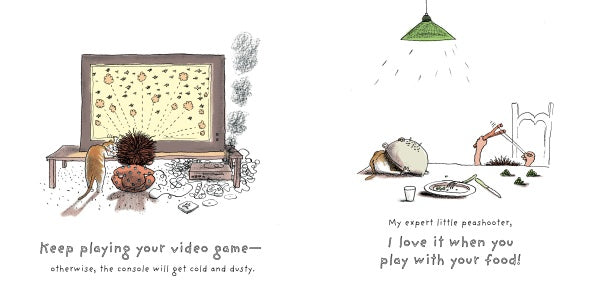 Two illustrations from "All the Things Mom Will Never Say" by Schiffer Publishing, Ltd.: Left, a child and animal gaming in a messy room. Right, a child launches peas with chopsticks as an adult smiles. Features silly mom sayings for fun story time.