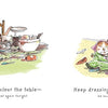 A child peeks from behind a stack of dirty dishes while a cat is wrapped in fabric. The text beneath reads: In Schiffer Publishing, Ltd.’s "All the Things Mom Will Never Say," it’s okay not to clear the table—we’ll eat again tonight!.
