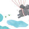 A smiling mouse and elephant parachute with red parachutes on the cover of "Lili's Just Like Me!" by Schiffer Publishing, Ltd., a board book featuring fingerprint art, butterflies, blue clouds, and the phrase: My friend has big ears. Just like me.