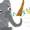 In Schiffer Publishing, Ltd.'s Lili's Just Like Me!, a surprised gray elephant looks on as an animal sleeps in a hammock between two trees with Zzzz overhead and blue flowers below. Text: But she snores much louder . . . than me! Early-concept, fingerprint art adds charm.