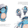 On the left, a sad blue Grumbletroll from Schiffer Publishing’s "The Grumbletroll . . . Wants to Be First!" stands alone. On the right, the same character looks angry and upset, surrounded by scribbles and stormy effects.