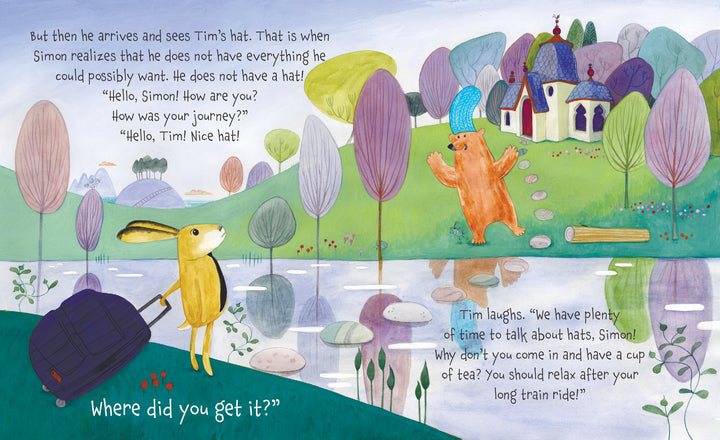 A yellow rabbit with a suitcase watches an orange bear in a hat by a pond, amid colorful trees and houses. "Tim's Hat" by Schiffer Publishing, Ltd. illustrates a fable about embracing a slower, simpler lifestyle for children.