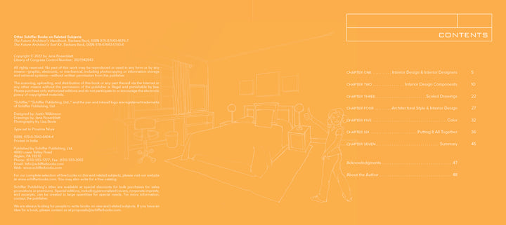 The Future Interior Designer’s Handbook by Schiffer Publishing, Ltd. features an orange contents page with white outlined art of a person in a modern bedroom, chapter titles and pages on the right, and design tips and publication info on the left.