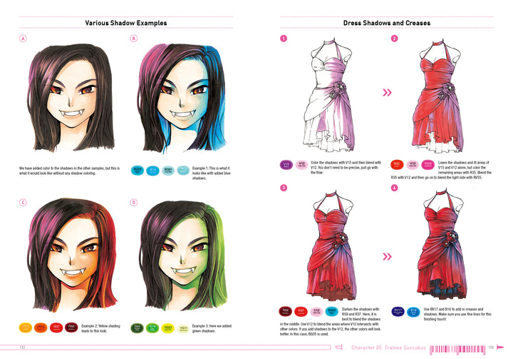 Discover step-by-step instructions for drawing manga faces and red dresses with colorful hair and shadows in "How to Render Attractive Characters with COPIC Markers" by Schiffer Publishing, Ltd., using color labels to master shadow depth and effects.