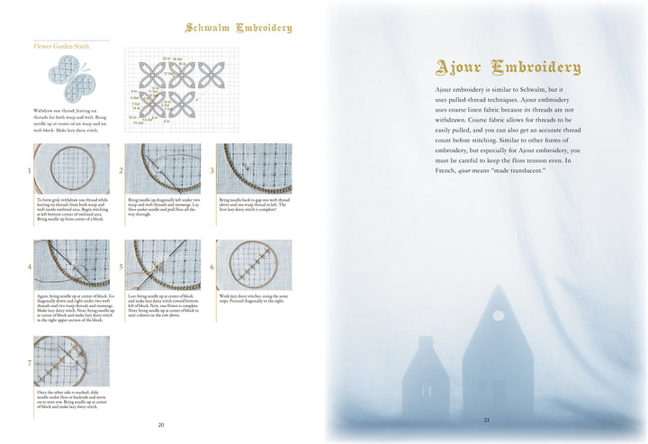 Two pages from Whitework Embroidery by Schiffer Publishing, Ltd.: the left page shows Schwalm whitework instructions and diagrams; the right introduces Ajour with text and a soft-focus photo of house-shaped needlework projects.